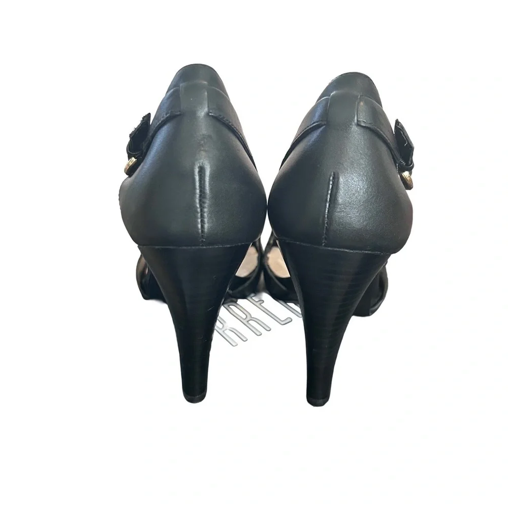 Nine West Black Classic Leather Peep-Toe Slingbacks with Gold Buckle 7.5